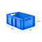 Blue plastic box with handles and dimensions. 600x400x240 mm.