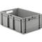 Gray plastic box with handles. Rectangular, open, stackable.