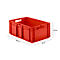 Red plastic crate with handles and dimensions. 600mm x 400mm x 240mm.