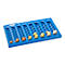 Blue money tray with wooden Euro coins in different sizes. The labels are: 1 Cent, 2 Cent, 5 Cent, 10 Cent, 20 Cent, 50 Cent, 1 Euro, 2 Euro.
