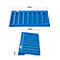 Blue coin counter with different recesses for Euro coins. Text with dimensions at the top.