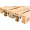 Nahaufnahme eines Holzpalettenbodens mit Rollen. Der Boden und die Rollen sind detailliert dargestellt.