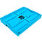 Light blue plastic crate, flat and rectangular. Recesses and reinforcements inside. Black element in the middle.