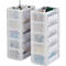 Twee transparante, stapelbare ladekasten met gereedschap, tape en andere items. Witte labels op de laden.