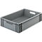 Bac en plastique gris avec ouvertures pour poignées. Forme rectangulaire, dessus ouvert. Idéal pour le stockage et le transport.