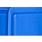 Close-up of bright blue plastic boxes. Rounded corners and edges stand out against the smooth surface.
