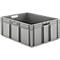 Gray plastic box with handles, rectangular, empty.