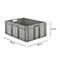 Gray plastic box with handle openings and dimensions: 800x600x320mm.