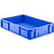 Blue plastic box, rectangular, without content. Sides with recesses. Open at the top, for storage and transport.