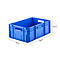 Blue plastic transport box, 600x400x220 mm, with side handles and dimensions.