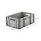 Grey plastic crate with handle openings and dimensions: 600 mm x 400 mm x 220 mm.