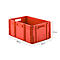 Red transport box with dimensions of 600 x 400 x 270 mm. With handle openings, side reinforcements and stacking devices.