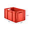 Red plastic box with dimensions and handle openings.
