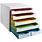 Veelkleurige papierlade-organizer met 6 laden: rood, oranje, geel, groen, blauw. Witte behuizing.