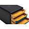 Organisateur de documents noir avec trois tiroirs ouverts, jaune avec des accents colorés.