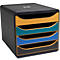 Pile de classement de documents noir avec quatre tiroirs colorés : jaune, bleu-vert, bleu, noir. Boîtier noir avec des accents jaunes.
