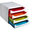Système de rangement blanc avec quatre tiroirs colorés : rouge, orange, vert, bleu. Tiroirs ouverts.