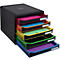 Zwarte documenten organizer met vijf gekleurde laden: roze, blauw, oranje, geel en groen.