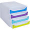 Système de tiroirs blanc avec quatre tiroirs bleus, violets, turquoise et jaunes.