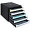Organisateur de documents noir avec cinq tiroirs colorés.