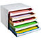 Bac à papier multicolore avec quatre tiroirs remplis de documents et de papier.