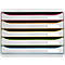 Porte-documents gris avec tiroirs de différentes couleurs, avec de petites étiquettes blanches.