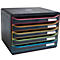 Organisateur de documents noir avec cinq tiroirs colorés : rose, orange, jaune, vert et bleu. Chaque tiroir a un champ d'étiquette blanc.