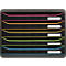 Organisateur de documents noir avec tiroirs colorés : rose, orange, jaune, vert et bleu. Chaque tiroir a un champ d'étiquette blanc.