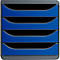 Système de classement gris-bleu avec quatre compartiments. Chaque compartiment a une face avant bleue arquée avec un cadre gris.