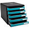 Organisateur de documents noir avec cinq tiroirs turquoise. Chaque tiroir a une étiquette blanche.