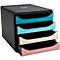 Organisateur de documents noir avec quatre tiroirs colorés : turquoise, bleu clair, beige et rose.