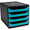 Pile de classement de documents noir avec quatre tiroirs turquoise. Légèrement arrondi en haut.