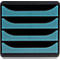 Organisateur de documents noir avec quatre compartiments, en partie turquoise, en partie noir.