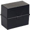 Boîte en plastique noire, rectangulaire, avec couvercle et fermeture à pression.