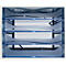 Système de classement de bureau avec quatre tiroirs bleu transparent et un cadre blanc.