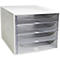 Organisateur de bureau carré blanc avec quatre tiroirs en plastique transparent.