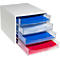 Système de tiroirs blanc avec quatre tiroirs transparents remplis de papier coloré. Les tiroirs sont bleus, blancs, bleus et rouges.