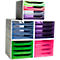 Systèmes de classement empilables avec tiroirs colorés. Vert, rose, bleu, violet, blanc. Idéal pour le bureau ou le bureau.