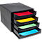 Bac à papier noir avec quatre tiroirs remplis de papier de couleur : rouge, jaune, vert et bleu.