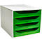 Classeur blanc avec quatre tiroirs verts.