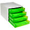 Pile de bureau blanc avec quatre tiroirs verts, partiellement sortis.