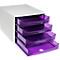 Unité de rangement de bureau blanche avec quatre tiroirs violets transparents.