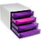 Organisateur de bureau blanc avec quatre tiroirs violets transparents, un avec du papier rose.