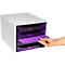 Organisateur de bureau blanc avec 3 tiroirs et un tiroir violet en cours d'ouverture.