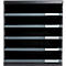 Organisateur de documents noir avec six compartiments et des porte-étiquettes gris.