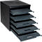 Pile de classement de documents noirs avec quatre tiroirs. Chaque tiroir a une poignée et un marquage blanc.