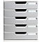 Organisateur de bureau gris empilable avec cinq tiroirs.
