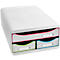 Système de rangement blanc avec deux tiroirs, encadré en rose, vert et bleu.