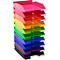 Mehrfarbiger Dokumentenablage-Turm, bestehend aus sieben Regalen, Farben: Pink, Rot, Orange, Gelb, Grün, Blau und Schwarz.