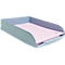 Hellblaues Ablagefach mit rosa Papier. Abgerundete Ecken, niedriges Design.
